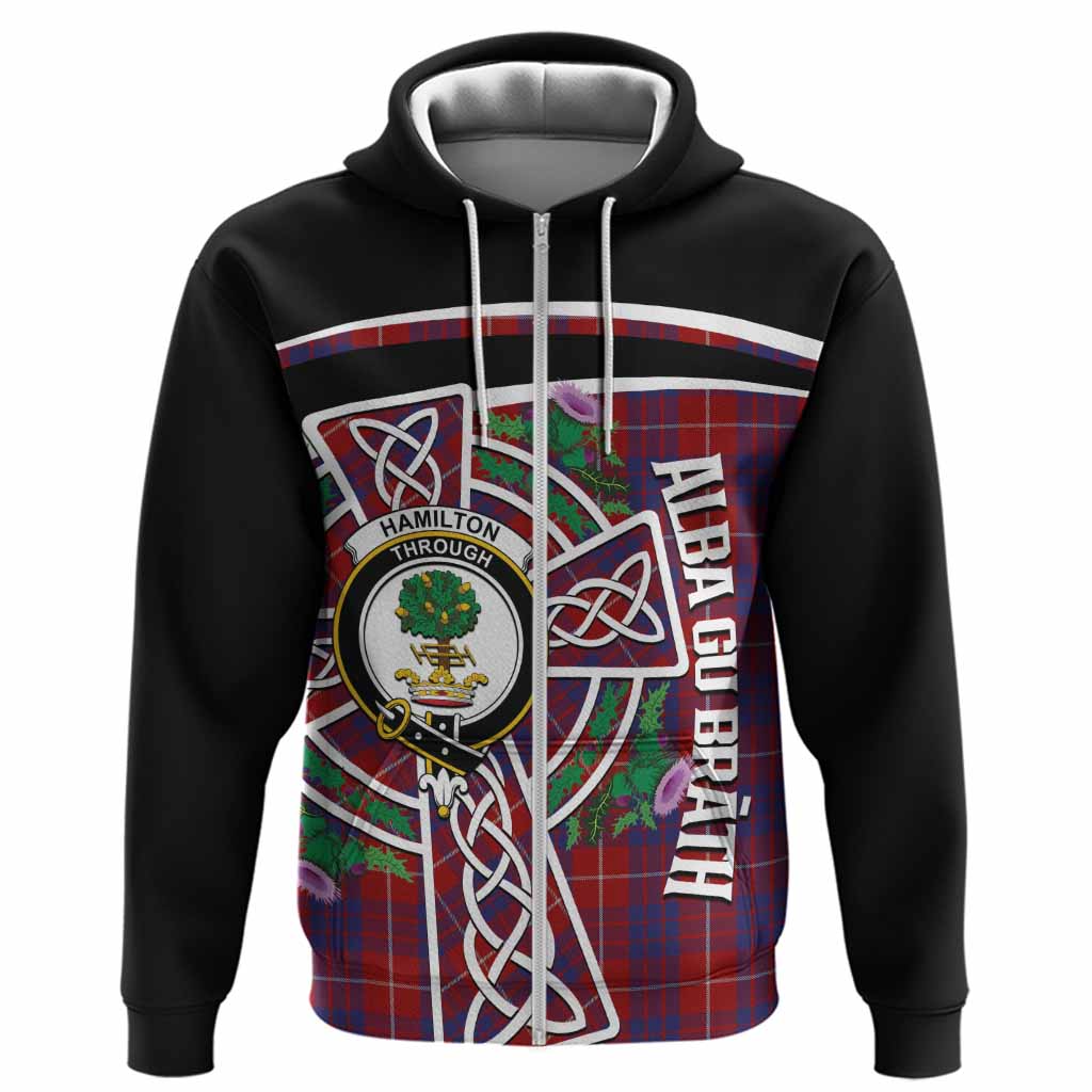 Hamilton Tartan Crest Hoodie Scottish Thistle Celtic Cross Alba Gu Brath