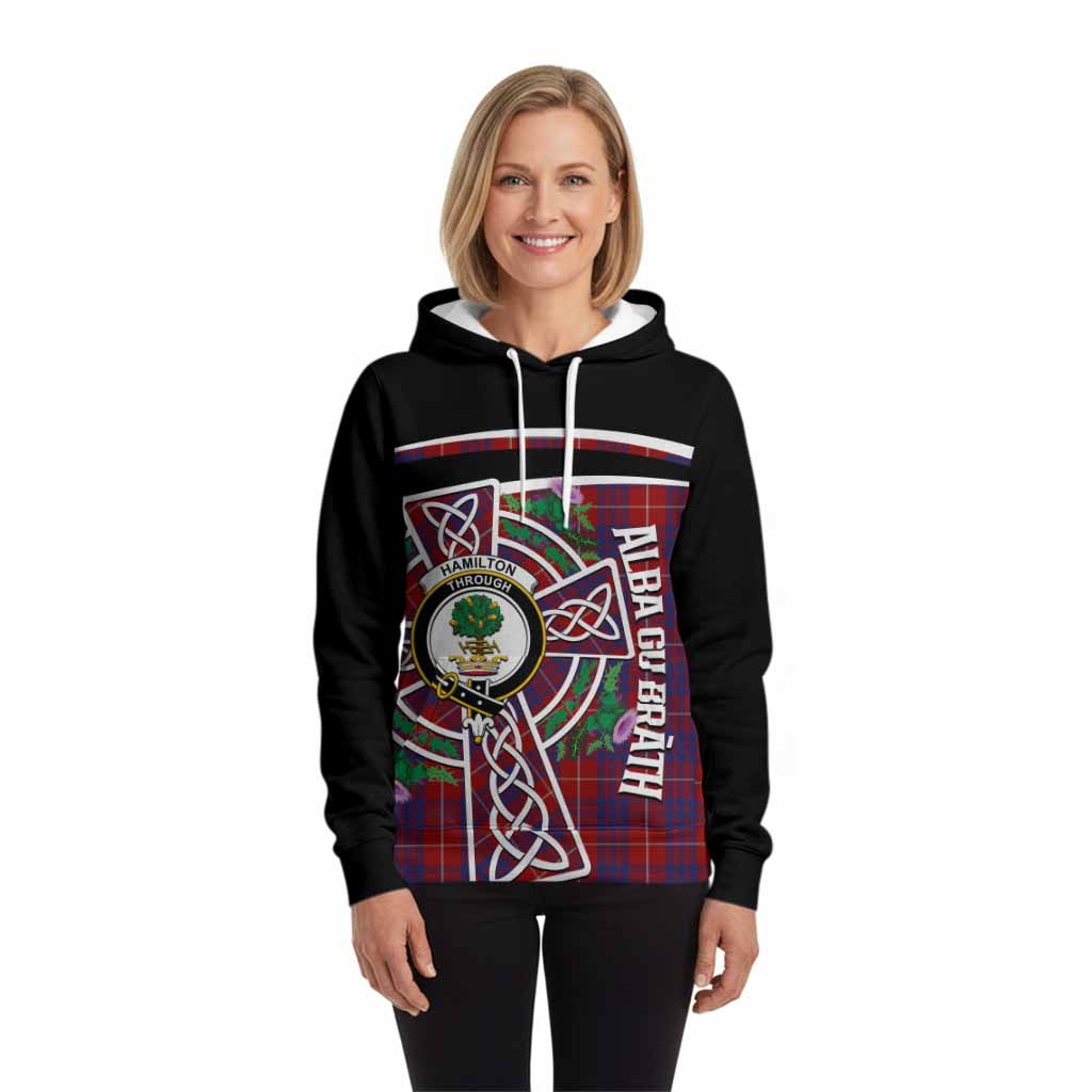 Hamilton Tartan Crest Hoodie Scottish Thistle Celtic Cross Alba Gu Brath