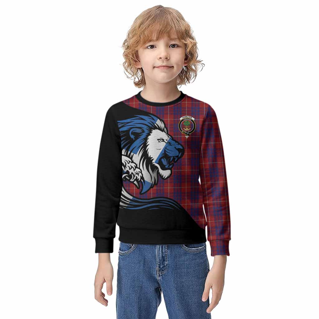 Hamilton Tartan Crest Kid Knitted Sweatshirt Scottish Golden Lions Wave Flow