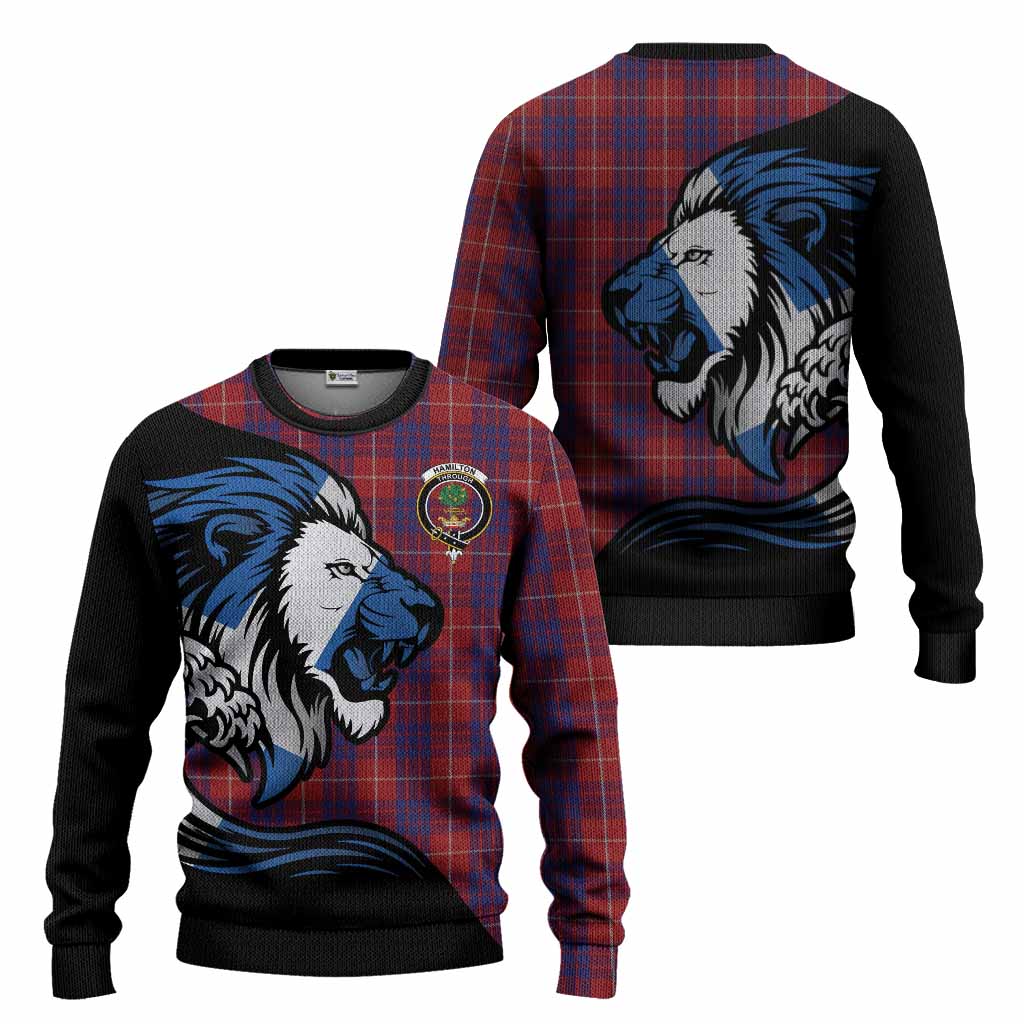 Hamilton Tartan Crest Knitted Sweater Scottish Golden Lions Wave Flow