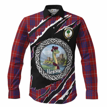 Hamilton Tartan Crest Loch Ness Monster Long Sleeve Button Shirts Celtic Knot Nessie Art