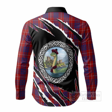 Hamilton Tartan Crest Loch Ness Monster Long Sleeve Button Shirts Celtic Knot Nessie Art
