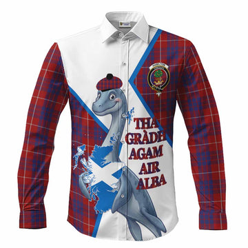 Hamilton Tartan Crest Loch Ness Monster Long Sleeve Button Shirts Nessie Scottish Map Tha Gradh Agam Air Alba