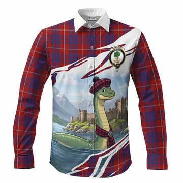 Hamilton Tartan Crest Loch Ness Monster Scottish Heritage Art Long Sleeve Button Shirts