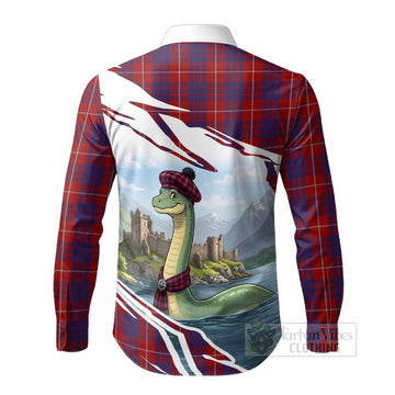 Hamilton Tartan Crest Loch Ness Monster Scottish Heritage Art Long Sleeve Button Shirts
