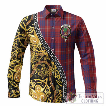 Hamilton Tartan Crest Long Sleeve Button Shirts Celtic Knot and Triple Trickle Spiral Symbols