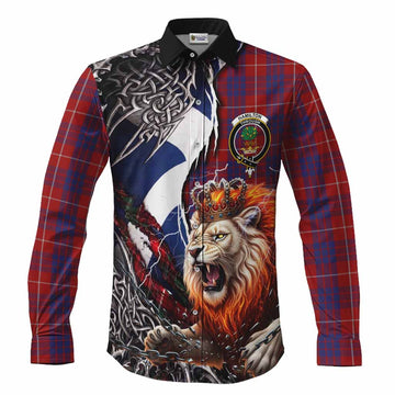 Hamilton Tartan Crest Long Sleeve Button Shirts Heritage Flag Grunge Celtic Knot and Lion Rampant