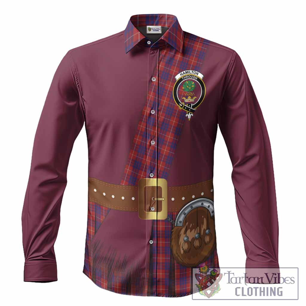 Hamilton Tartan Crest Long Sleeve Button Shirts Kilt Costume Style