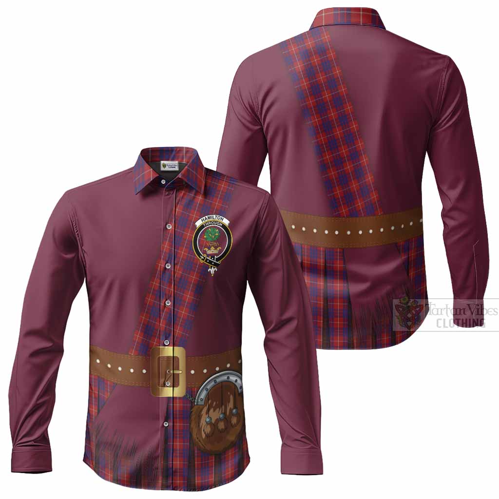 Hamilton Tartan Crest Long Sleeve Button Shirts Kilt Costume Style