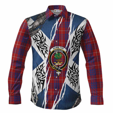 Hamilton Tartan Crest Long Sleeve Button Shirts Scotland Flag Ripped Tribal Design
