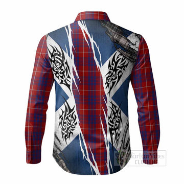 Hamilton Tartan Crest Long Sleeve Button Shirts Scotland Flag Ripped Tribal Design