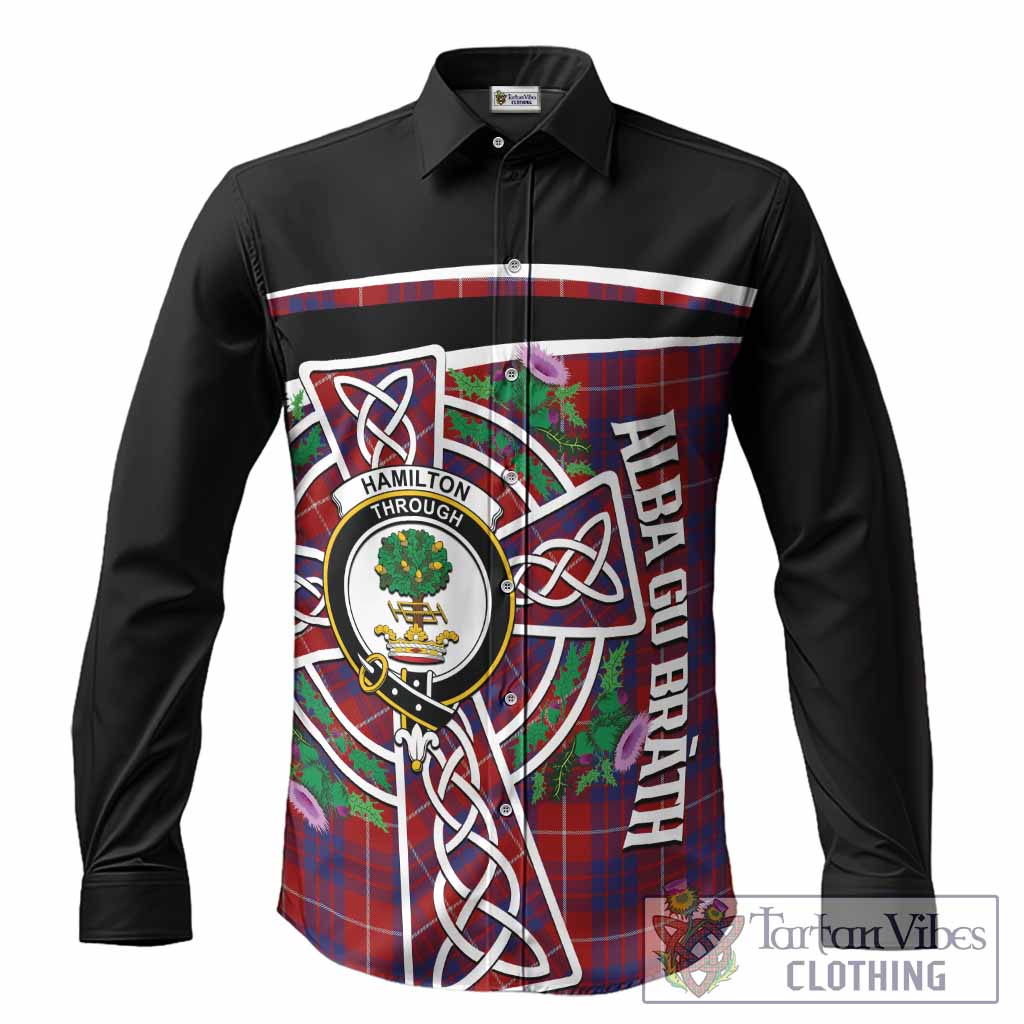 Hamilton Tartan Crest Long Sleeve Button Shirts Scottish Thistle Celtic Cross Alba Gu Brath