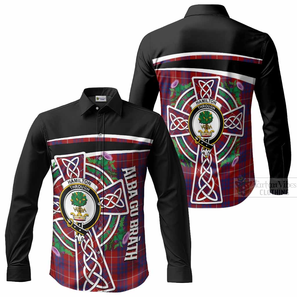 Hamilton Tartan Crest Long Sleeve Button Shirts Scottish Thistle Celtic Cross Alba Gu Brath