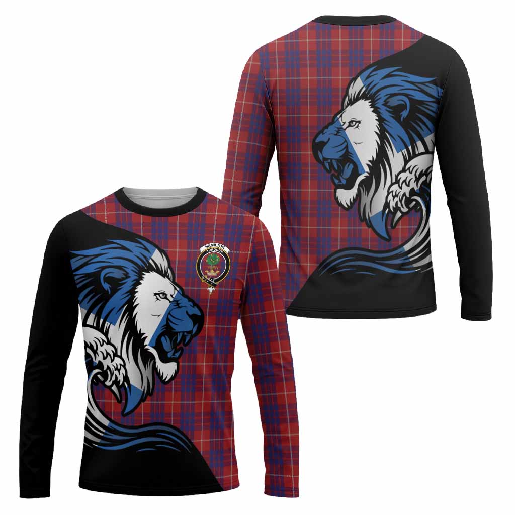 Hamilton Tartan Crest Long Sleeve T-Shirt Scottish Golden Lions Wave Flow