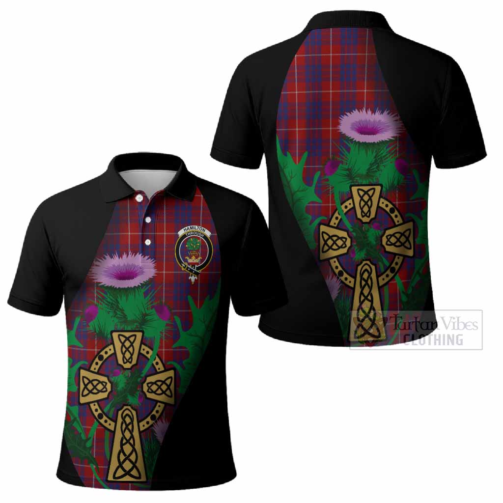 Hamilton Tartan Crest Polo Shirt Celtic Cross Thistle Flowers