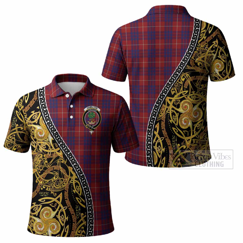 Hamilton Tartan Crest Polo Shirt Celtic Knot and Triple Trickle Spiral Symbols