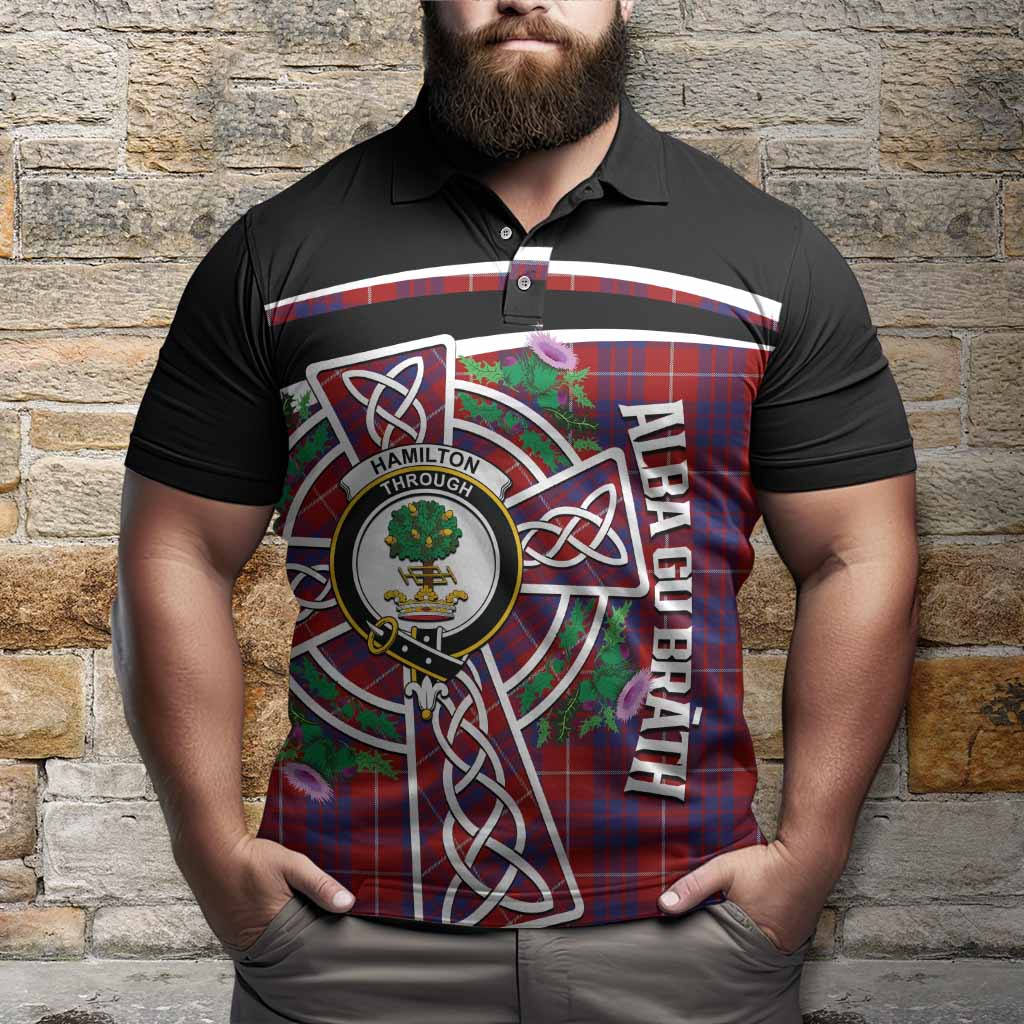 Hamilton Tartan Crest Polo Shirt Scottish Thistle Celtic Cross Alba Gu Brath