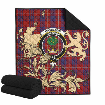 Hamilton Tartan Crest Premium Quilt with Scottish Iconic Symbols 