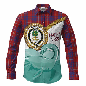 Hamilton Tartan Crest Scottish Loch Ness Monster Long Sleeve Button Shirts Happy Ness Scotland Celtic Knot