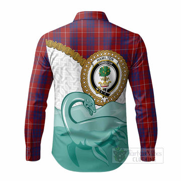 Hamilton Tartan Crest Scottish Loch Ness Monster Long Sleeve Button Shirts Happy Ness Scotland Celtic Knot