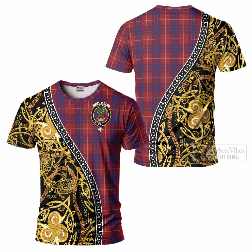 Hamilton Tartan Crest T-Shirt Celtic Knot and Triple Trickle Spiral Symbols