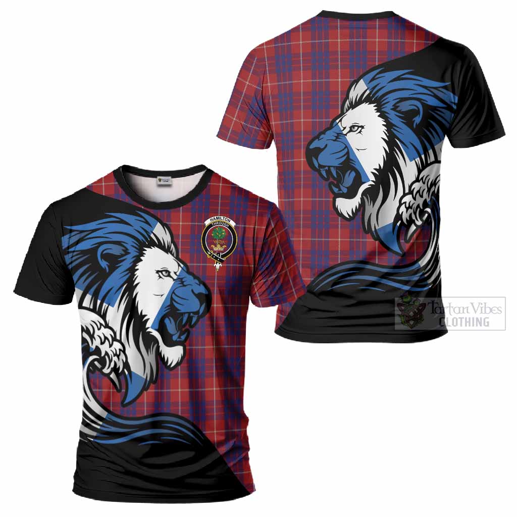 Hamilton Tartan Crest T-Shirt Scottish Golden Lions Wave Flow