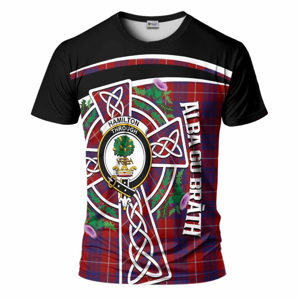 Hamilton Tartan Crest T-Shirt Scottish Thistle Celtic Cross Alba Gu Brath