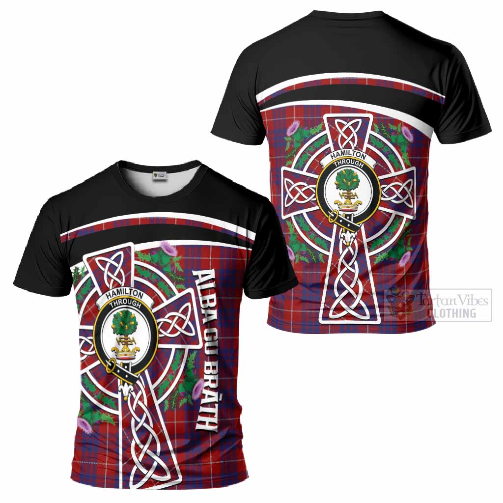 Hamilton Tartan Crest T-Shirt Scottish Thistle Celtic Cross Alba Gu Brath