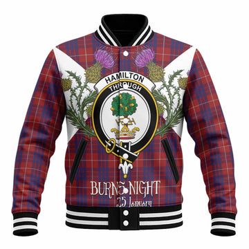 Hamilton Tartan Family Crest Baseball Jacket Scottish Burns Night Thistle Floral