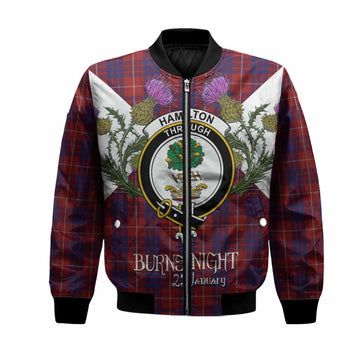 Hamilton Tartan Family Crest Bomber Jacket Scottish Burns Night Thistle Floral