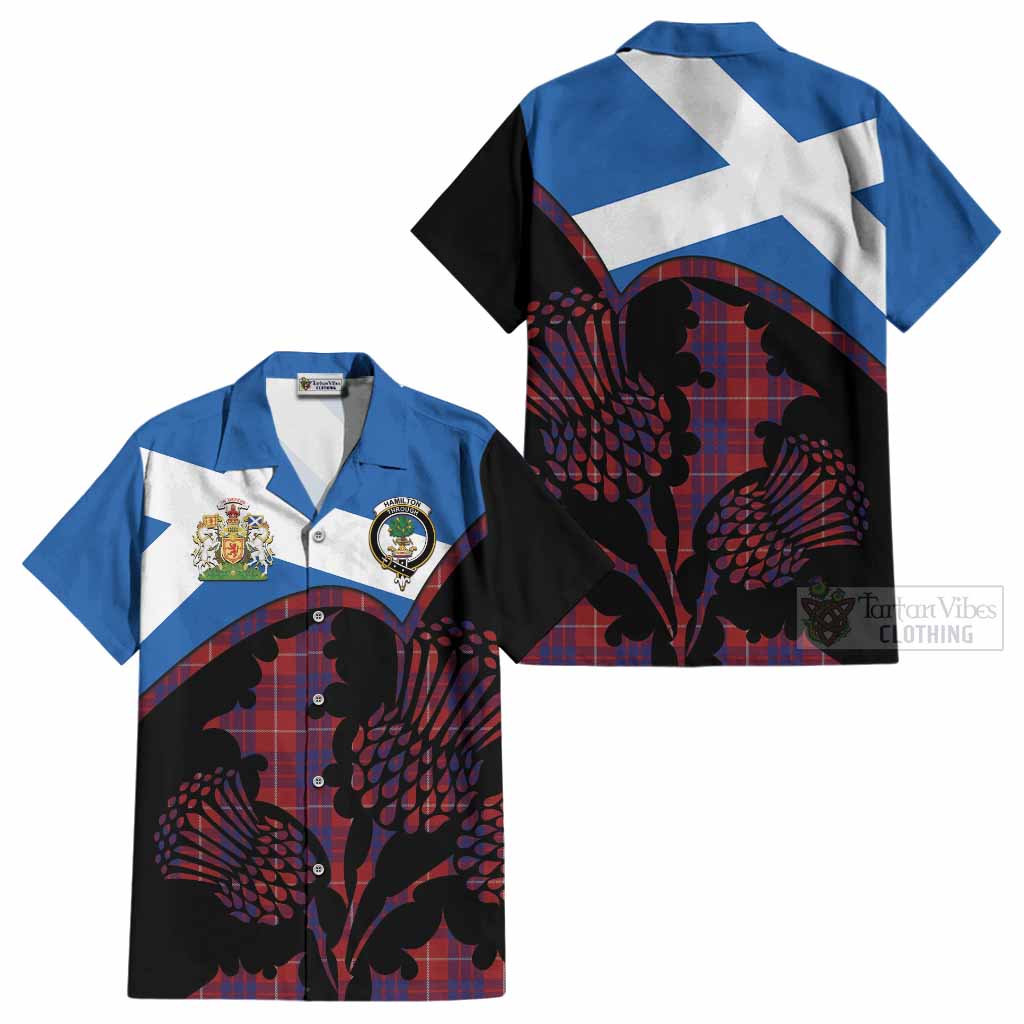 Hamilton Tartan Family Crest Cotton Hawaiian Shirt Scotland Thistle Floral Flag Style