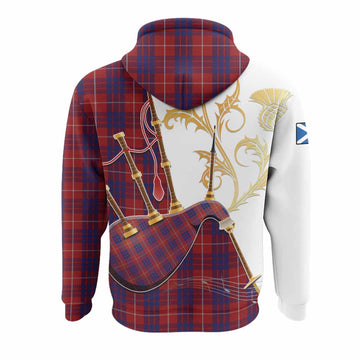 Hamilton Tartan Family Crest Hoodie Bagpipes with Scottish Thistle