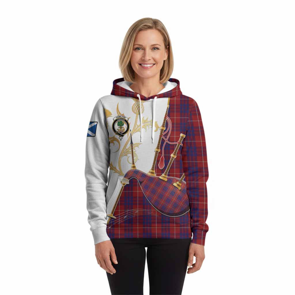 Hamilton Tartan Family Crest Hoodie Bagpipes with Scottish Thistle