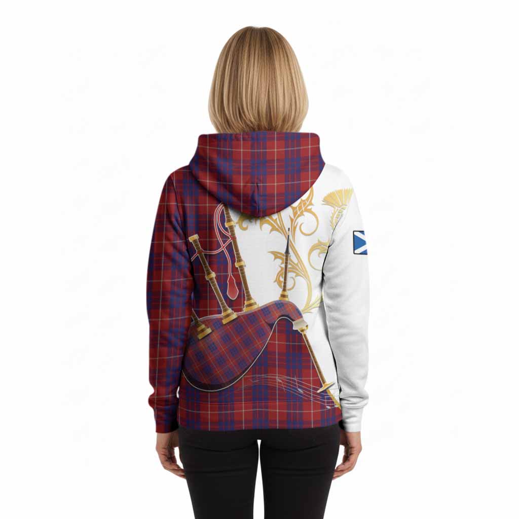 Hamilton Tartan Family Crest Hoodie Bagpipes with Scottish Thistle
