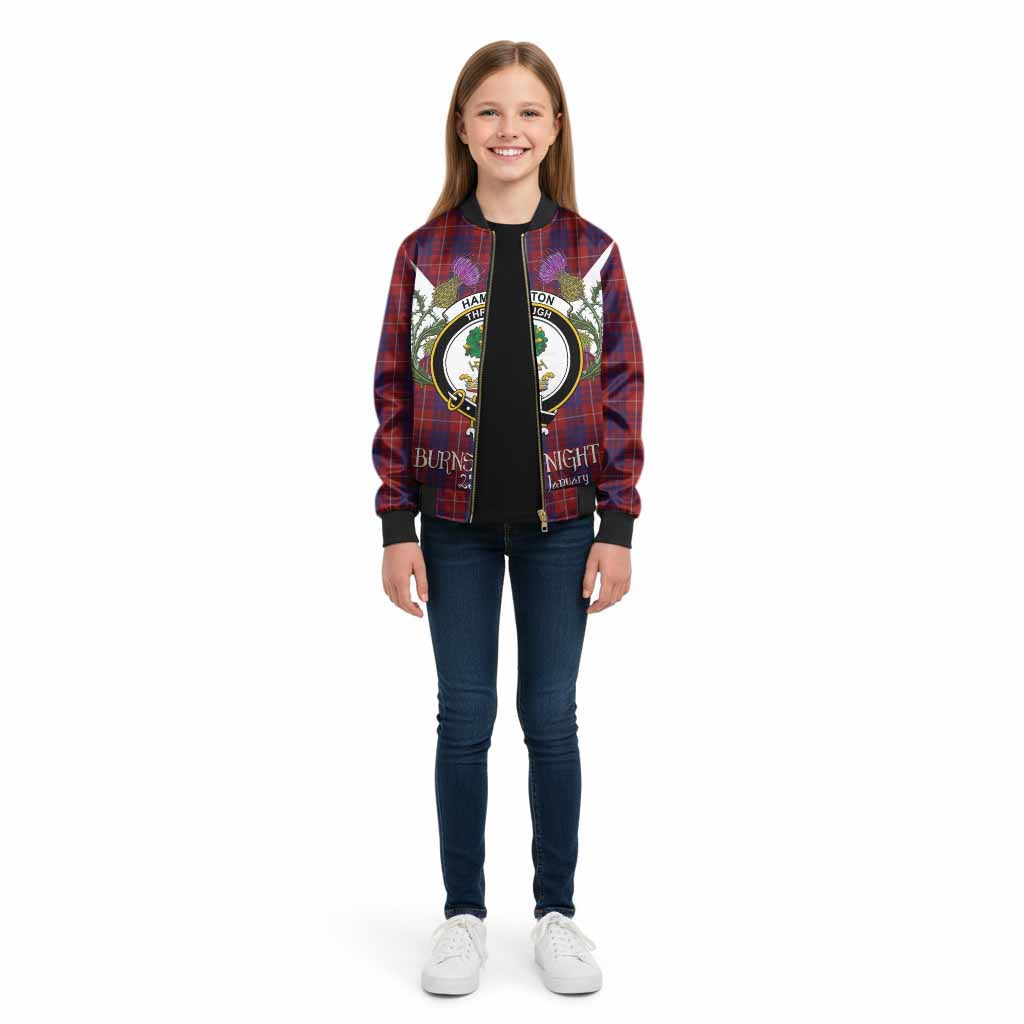 Hamilton Tartan Family Crest Kid Bomber Jacket Scottish Burns Night Thistle Floral