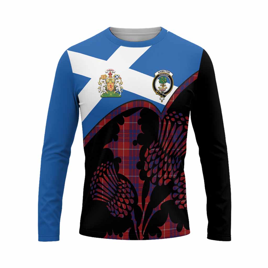 Hamilton Tartan Family Crest Long Sleeve T-Shirt Scotland Thistle Floral Flag Style