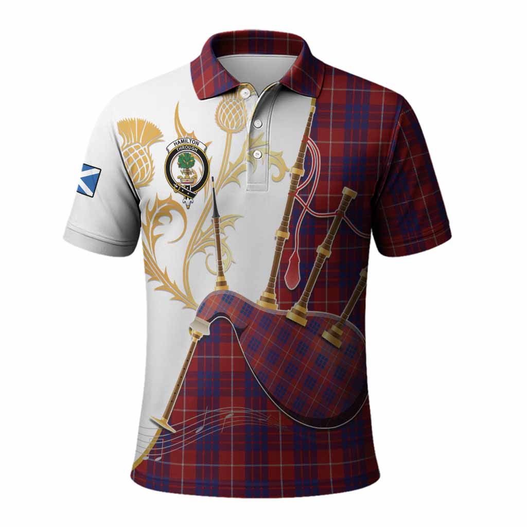 Hamilton Tartan Family Crest Polo Shirt Bagpipes with Scottish Thistle