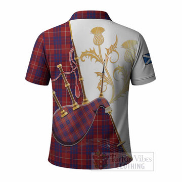 Hamilton Tartan Family Crest Polo Shirt Bagpipes with Scottish Thistle
