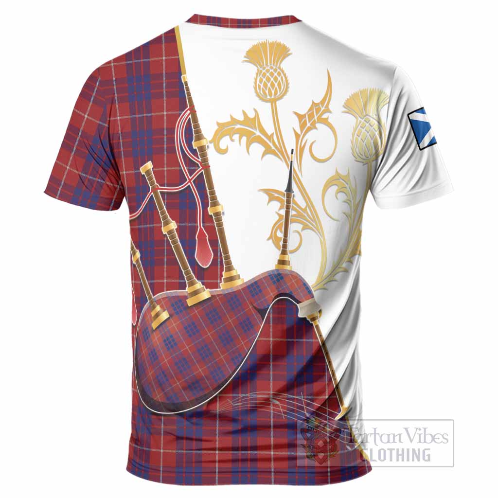 Hamilton Tartan Family Crest T-Shirt Bagpipes with Scottish Thistle