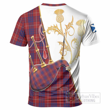 Hamilton Tartan Family Crest T-Shirt Bagpipes with Scottish Thistle