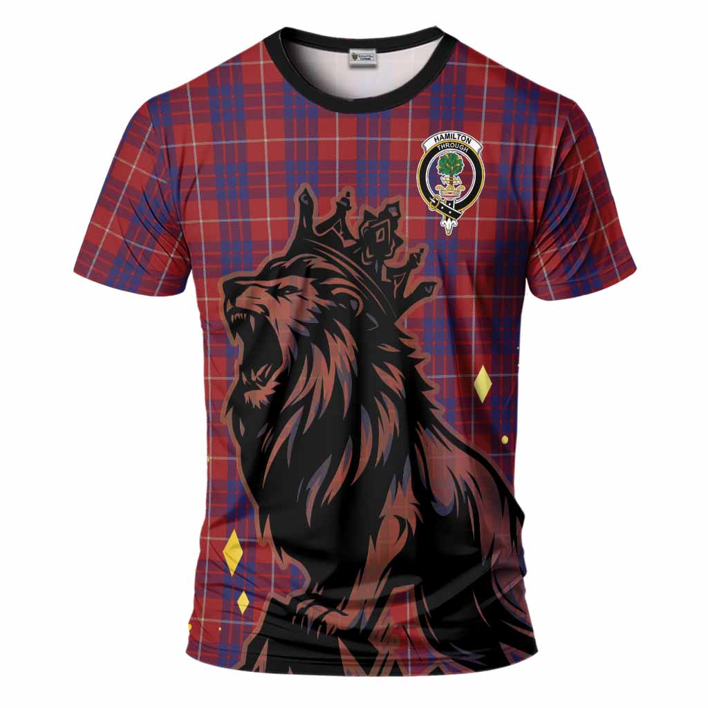 Hamilton Tartan Family Crest T-Shirt Crowned Lion Roaring