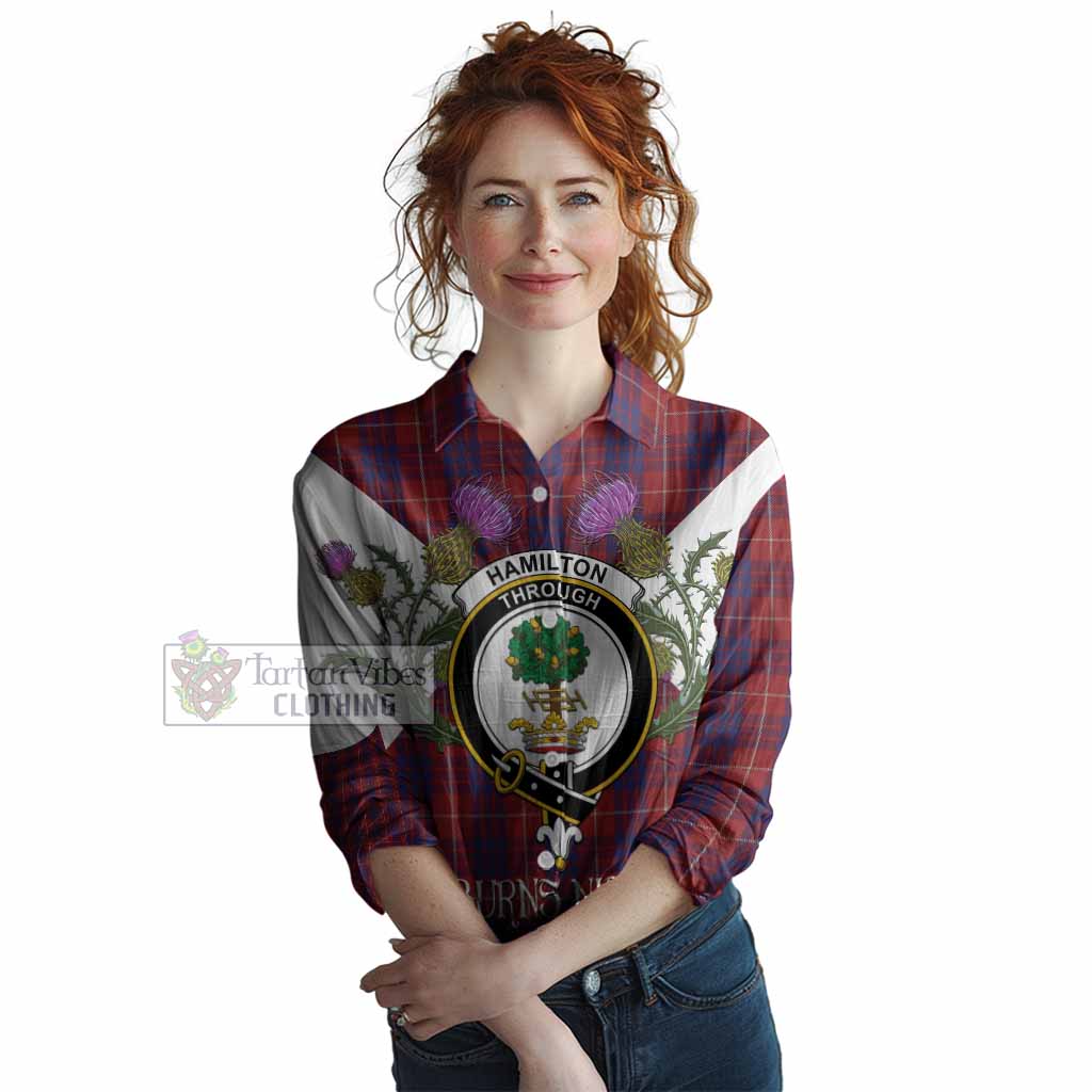 Hamilton Tartan Family Crest Women Casual Shirt Scottish Burns Night Thistle Floral