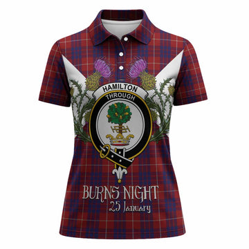 Hamilton Tartan Family Crest Women Polo Shirt Scottish Burns Night Thistle Floral