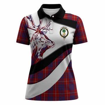 Hamilton Tartan Family Crest Women Polo Shirt Scottish Red Deer Curves Style