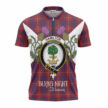 Hamilton Tartan Family Crest Zipper Polo Shirt Scottish Burns Night Thistle Floral