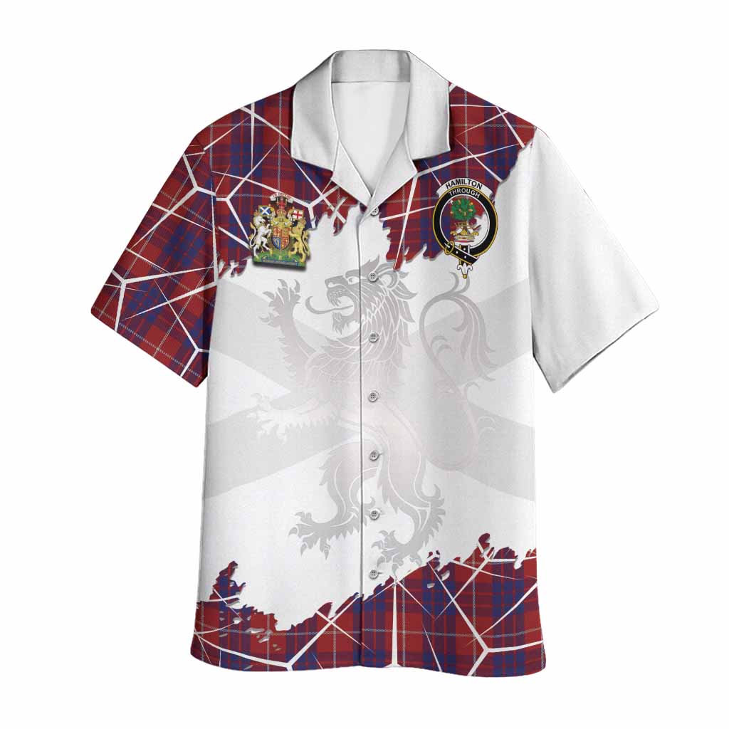 Hamilton Tartan Hawaiian Shirt with Family Crest and Lion Rampant Grunge Style