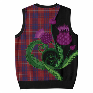 Hamilton Tartan Knitted V-Neck Vest Traditional Scottish Thistle