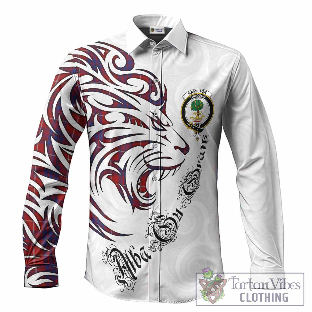 Hamilton Tartan Lion Roar Long Sleeve Button Shirts Alba Gu Brath with Celtic Motifs