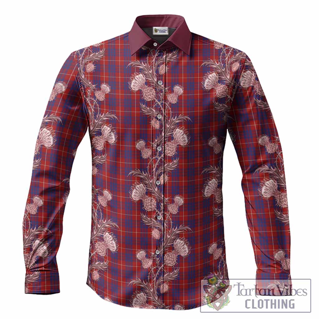 Hamilton Tartan Long Sleeve Button Shirts Seamless Scottish Thistle Flowers