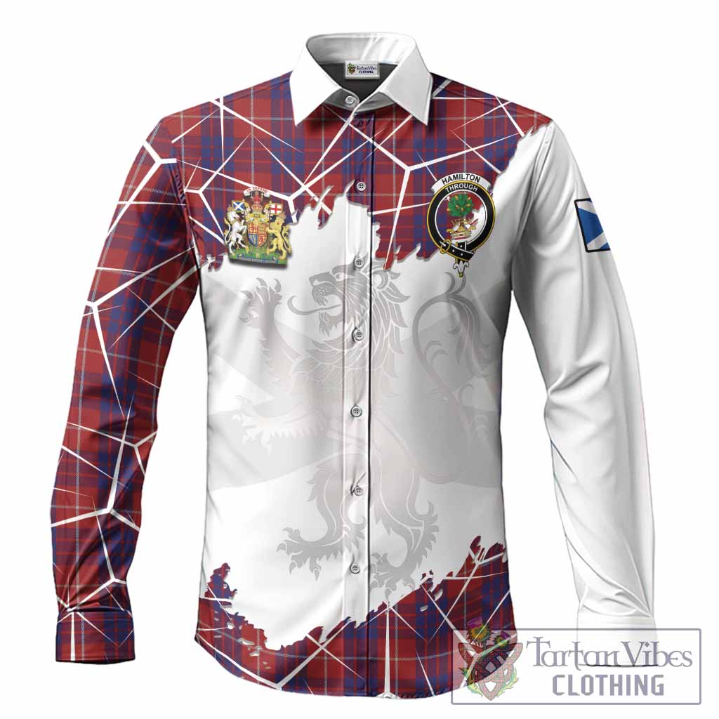 Hamilton Tartan Long Sleeve Button Shirts with Family Crest and Lion Rampant Grunge Style
